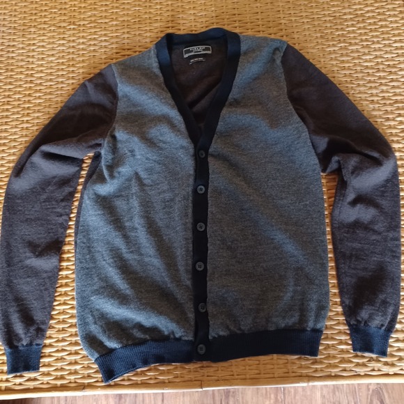 Zara Man Cardigan Sweater Size 42 Longsleeve Gray Navy Brown 100% Fine Wool - Picture 9 of 10